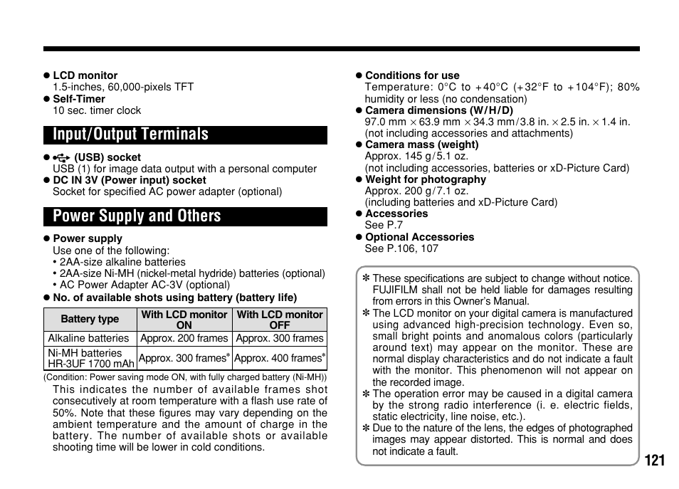 Input/output terminals power supply and others | FujiFilm FinePix A303 User Manual | Page 121 / 132