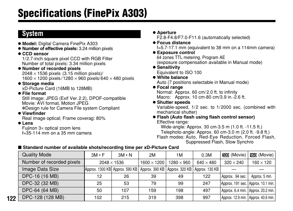 Specifications (finepix a303), System | FujiFilm FinePix A303 User Manual | Page 122 / 132