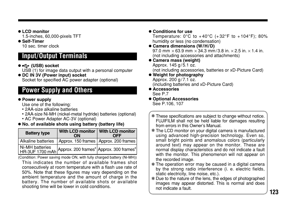 Input/output terminals power supply and others | FujiFilm FinePix A303 User Manual | Page 123 / 132