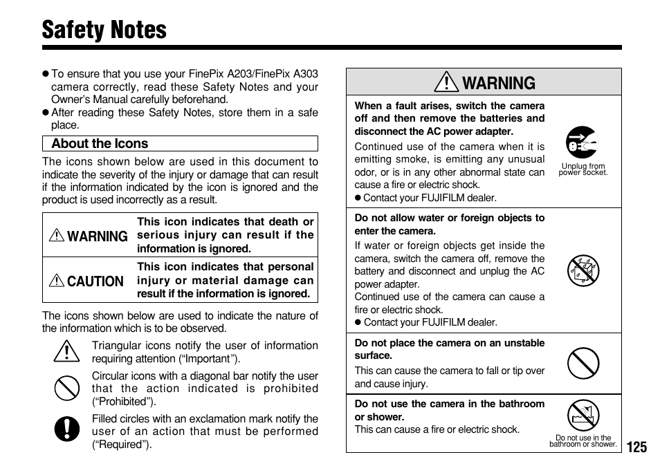 Warning, Caution | FujiFilm FinePix A303 User Manual | Page 125 / 132