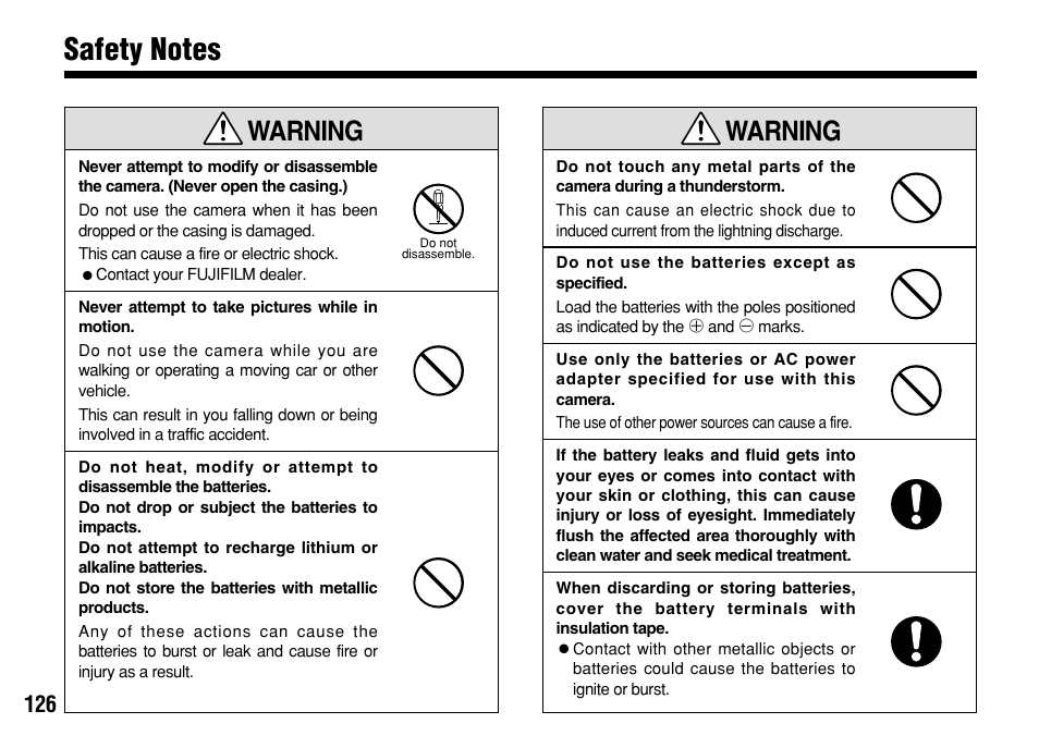 Warning | FujiFilm FinePix A303 User Manual | Page 126 / 132