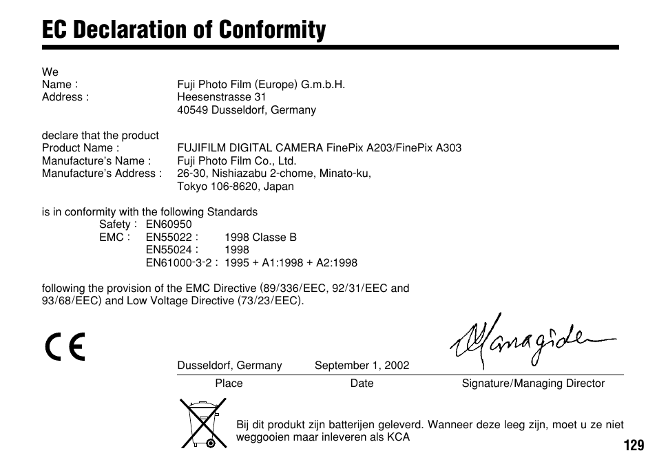 Ec declaration of conformity | FujiFilm FinePix A303 User Manual | Page 129 / 132