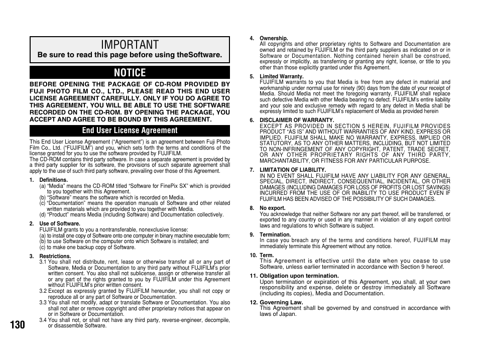 Important, Notice, End user license agreement | FujiFilm FinePix A303 User Manual | Page 130 / 132