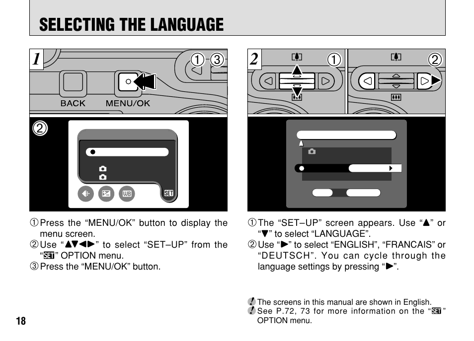 Selecting the language | FujiFilm FinePix A303 User Manual | Page 18 / 132