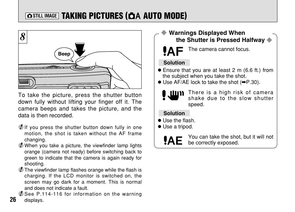 Taking pictures, Auto mode) | FujiFilm FinePix A303 User Manual | Page 26 / 132