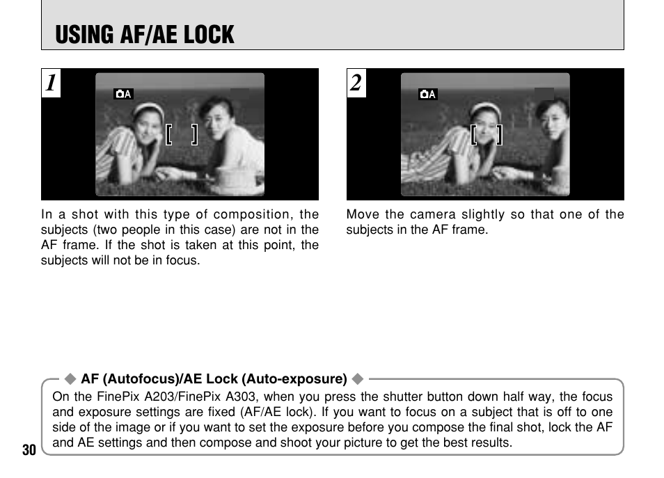 Using af/ae lock | FujiFilm FinePix A303 User Manual | Page 30 / 132