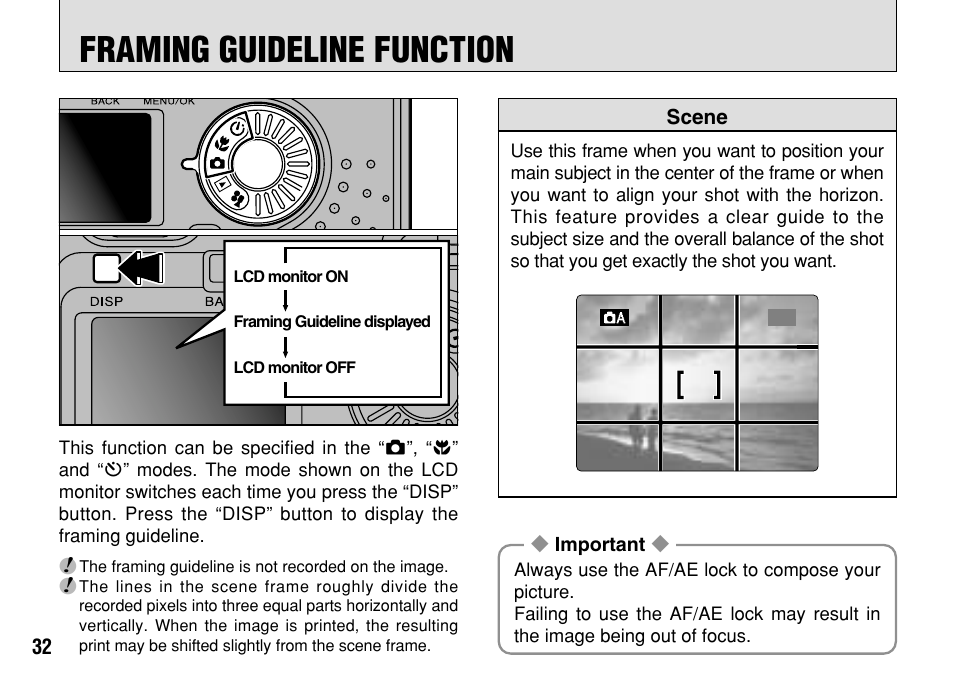 Framing guideline function | FujiFilm FinePix A303 User Manual | Page 32 / 132