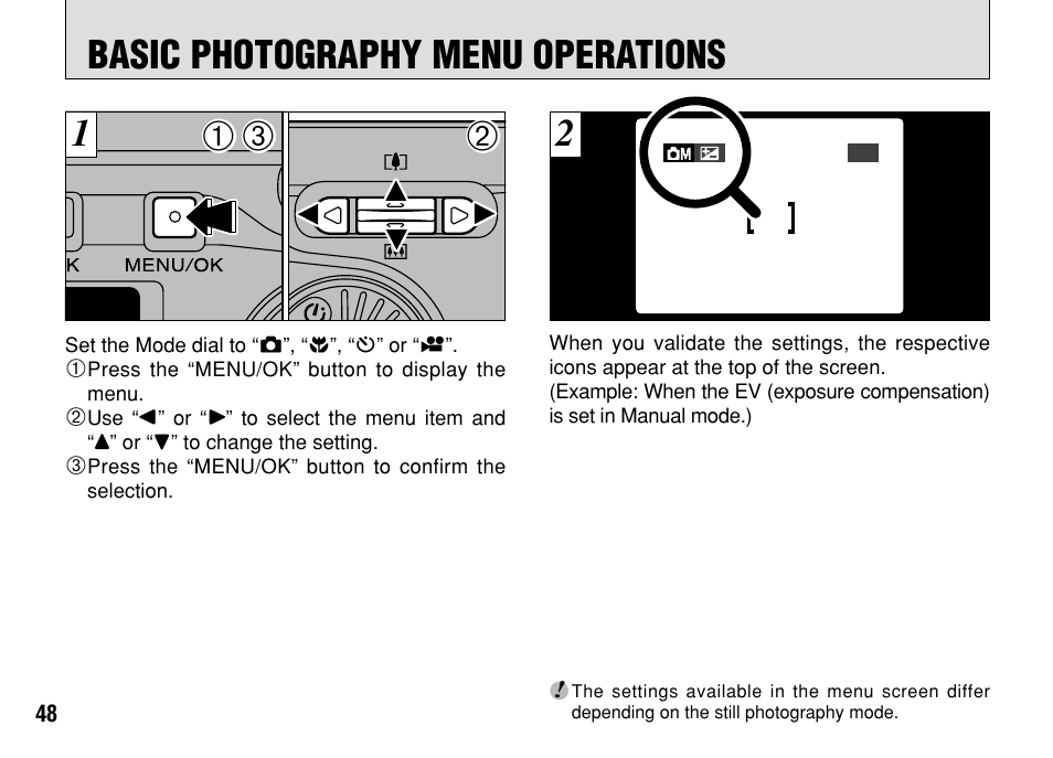 Basic photography menu operations | FujiFilm FinePix A303 User Manual | Page 48 / 132