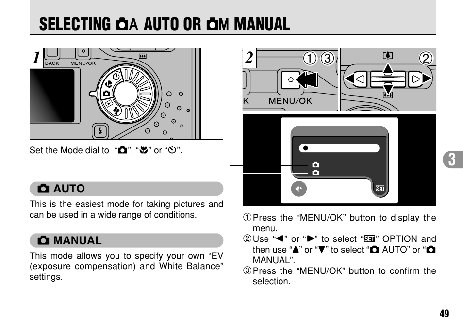 Selecting, Auto or, Manual | FujiFilm FinePix A303 User Manual | Page 49 / 132