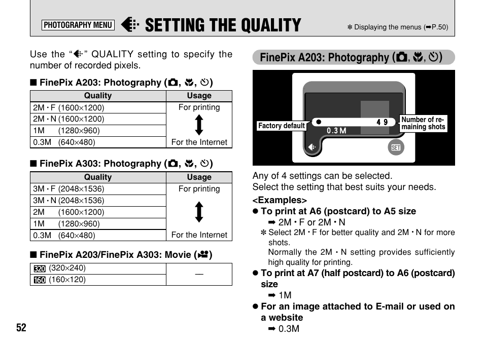 Y setting the quality, Finepix a203: photography ( q | FujiFilm FinePix A303 User Manual | Page 52 / 132