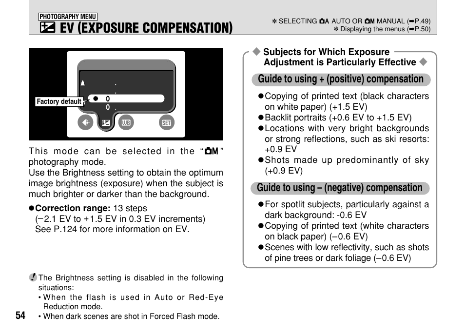 D ev (exposure compensation) | FujiFilm FinePix A303 User Manual | Page 54 / 132