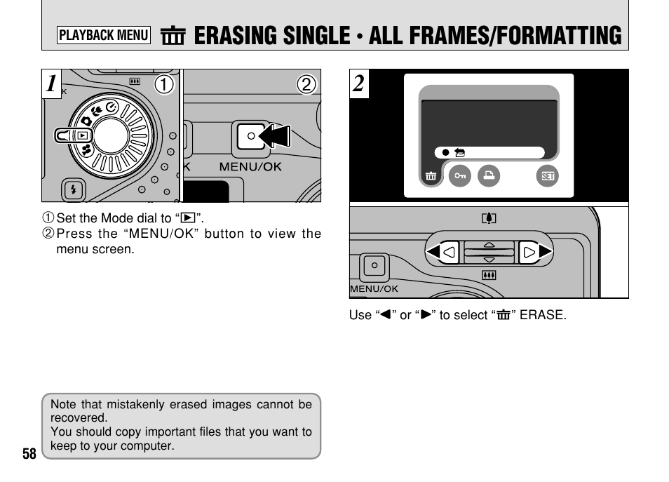 Erasing single, All frames/formatting | FujiFilm FinePix A303 User Manual | Page 58 / 132