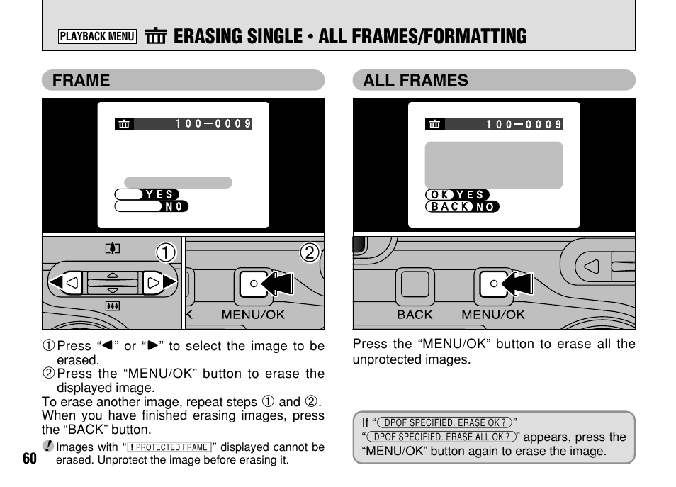 P erasing single, All frames/formatting | FujiFilm FinePix A303 User Manual | Page 60 / 132