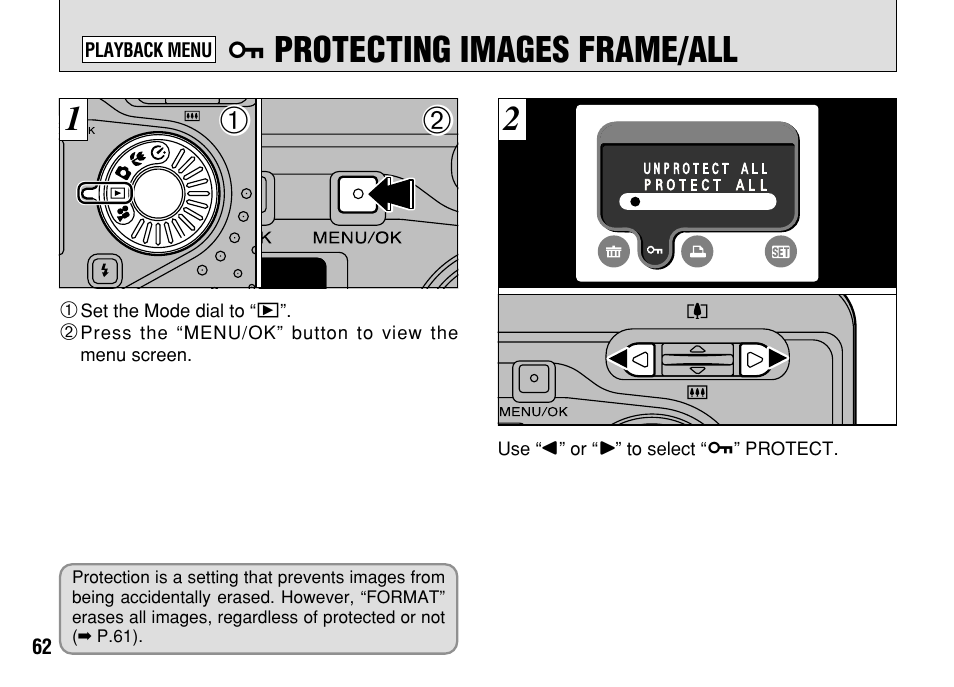 Protecting images frame/all | FujiFilm FinePix A303 User Manual | Page 62 / 132