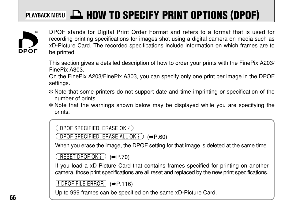 I how to specify print options (dpof) | FujiFilm FinePix A303 User Manual | Page 66 / 132