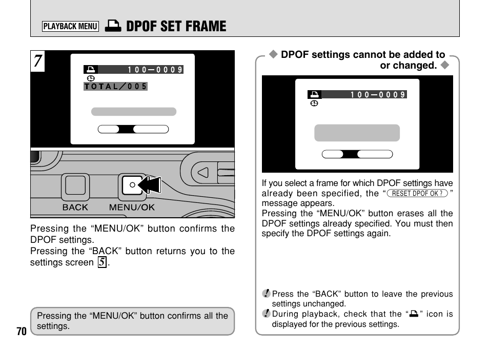 I dpof set frame | FujiFilm FinePix A303 User Manual | Page 70 / 132