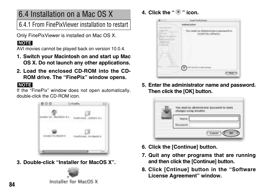 4 installation on a mac os x, 1 from finepixviewer installation to restart | FujiFilm FinePix A303 User Manual | Page 84 / 132