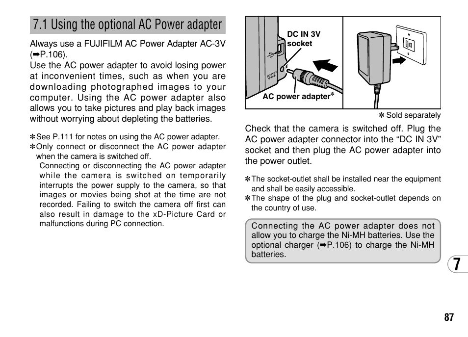 1 using the optional ac power adapter | FujiFilm FinePix A303 User Manual | Page 87 / 132