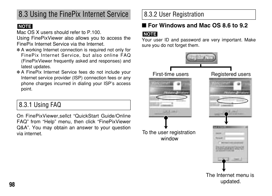 3 using the finepix internet service, 1 using faq 8.3.2 user registration | FujiFilm FinePix A303 User Manual | Page 98 / 132