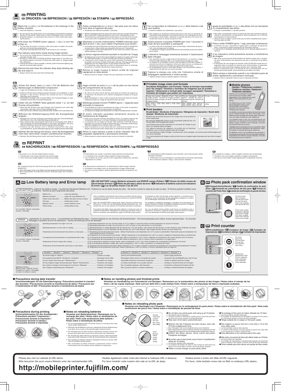 Printing, Reprint, Photo pack confirmation window | Print counter, Low battery lamp and error lamp | FujiFilm MP-70 User Manual | Page 2 / 4