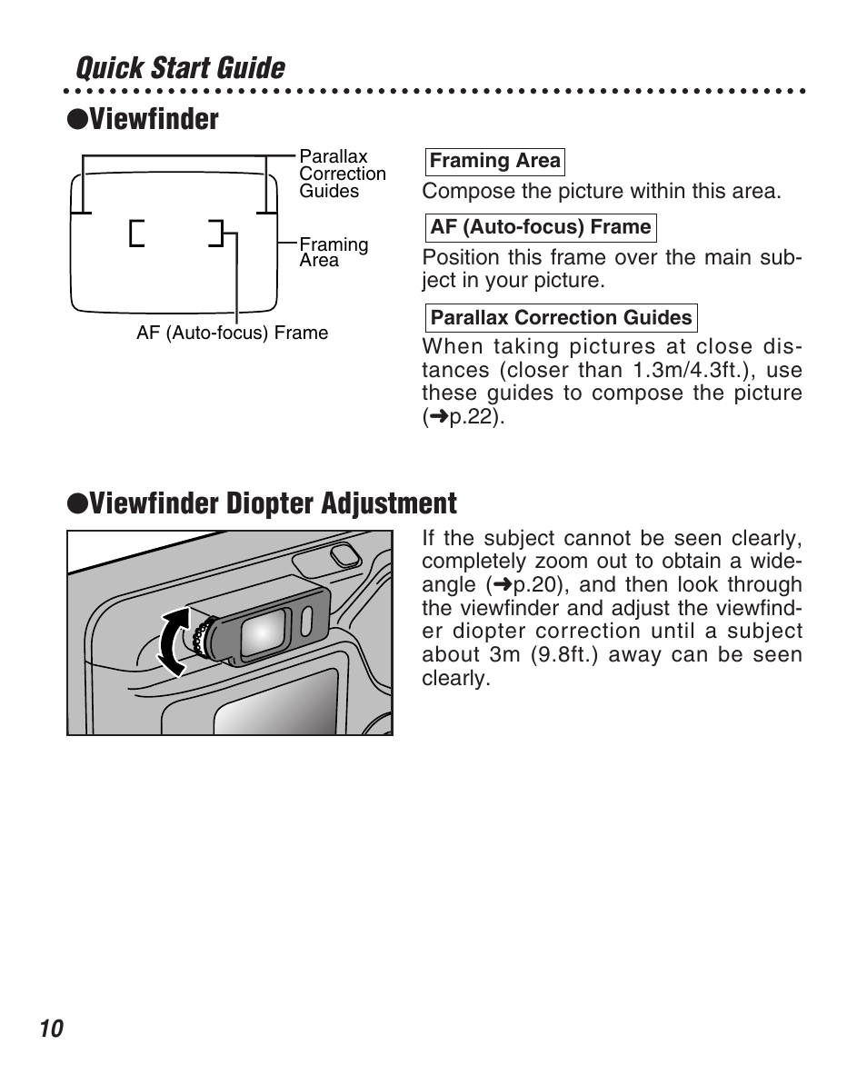 Viewfinder, Viewfinder diopter adjustment, Quick start guide | FujiFilm Zoom Date 160ez User Manual | Page 12 / 51
