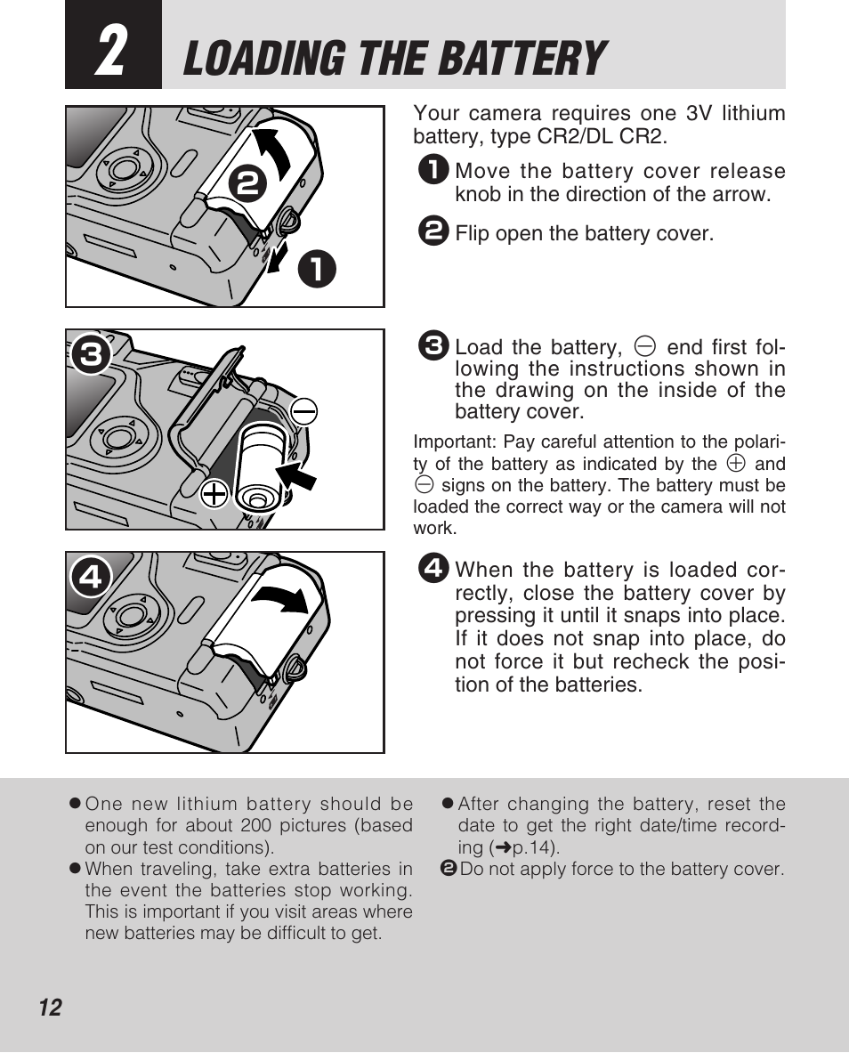 Loading the battery | FujiFilm Zoom Date 160ez User Manual | Page 14 / 51