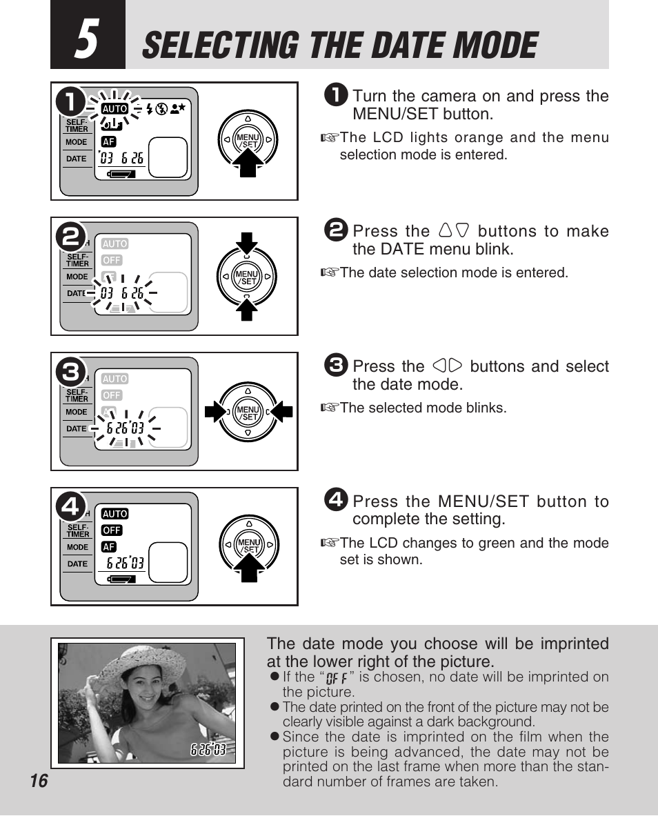 Selecting the date mode | FujiFilm Zoom Date 160ez User Manual | Page 18 / 51