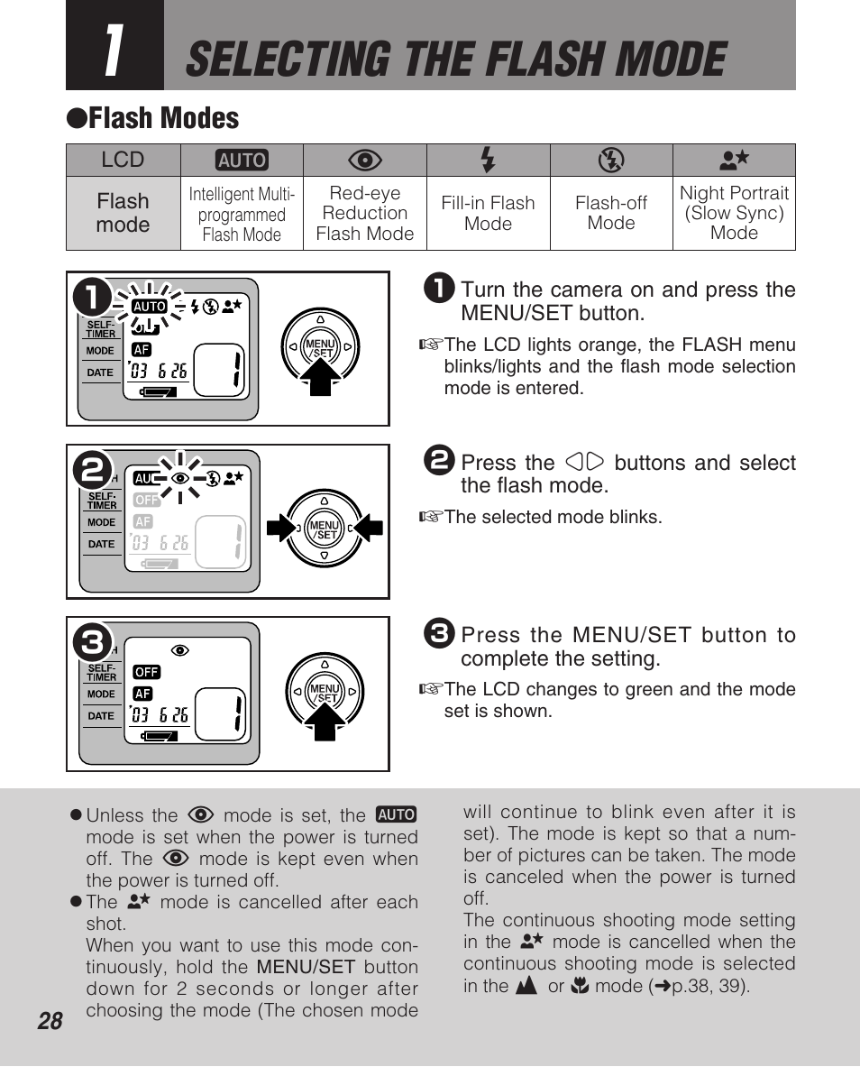 Selecting the flash mode, Flash modes | FujiFilm Zoom Date 160ez User Manual | Page 30 / 51