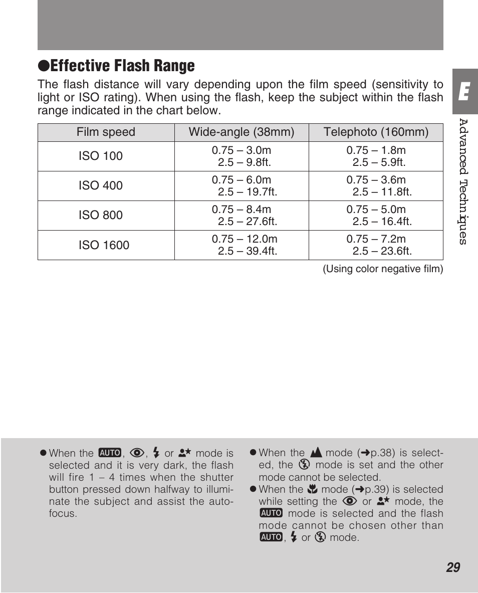 Effective flash range | FujiFilm Zoom Date 160ez User Manual | Page 31 / 51