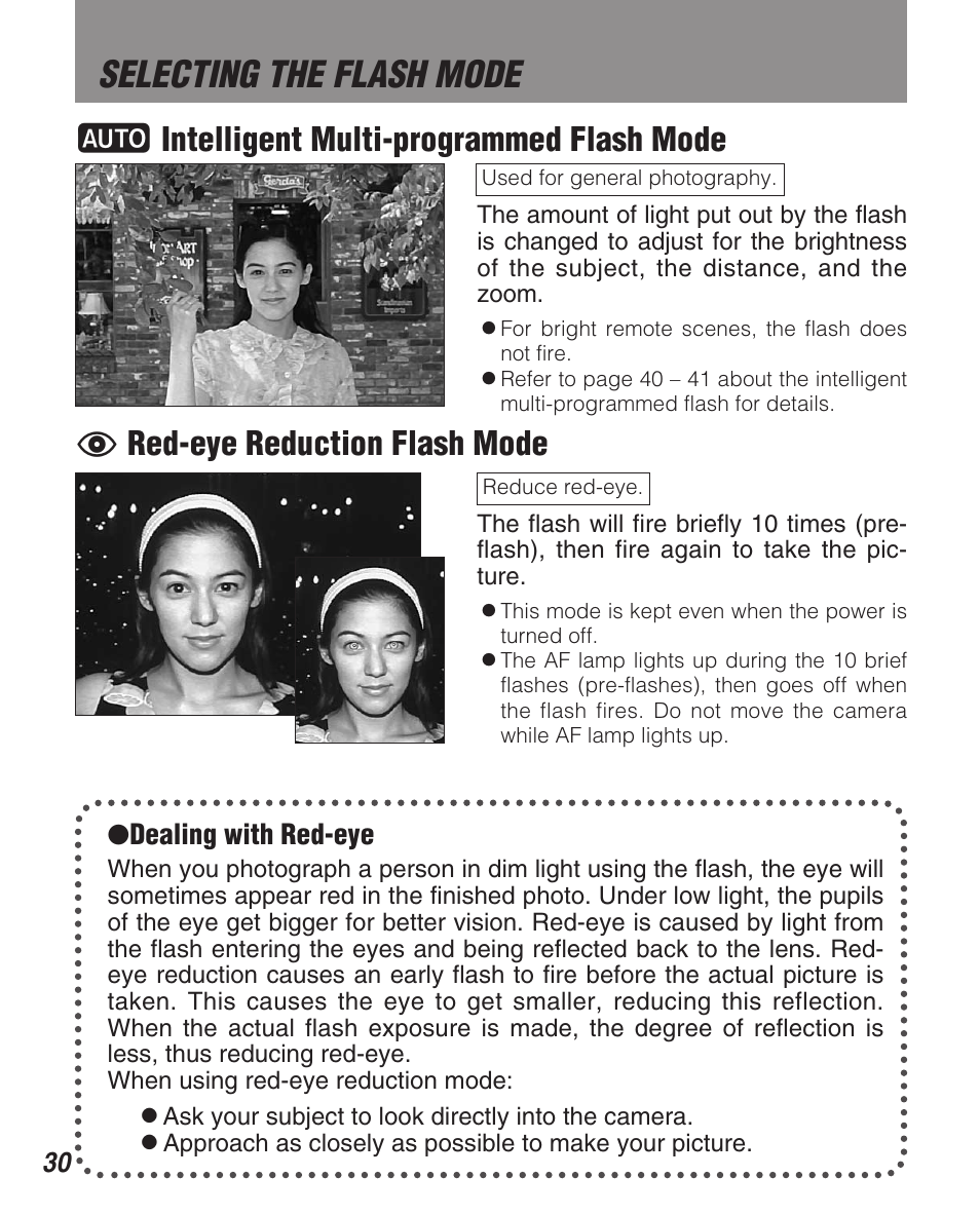 Selecting the flash mode, A intelligent multi-programmed flash mode, Red-eye reduction flash mode | FujiFilm Zoom Date 160ez User Manual | Page 32 / 51