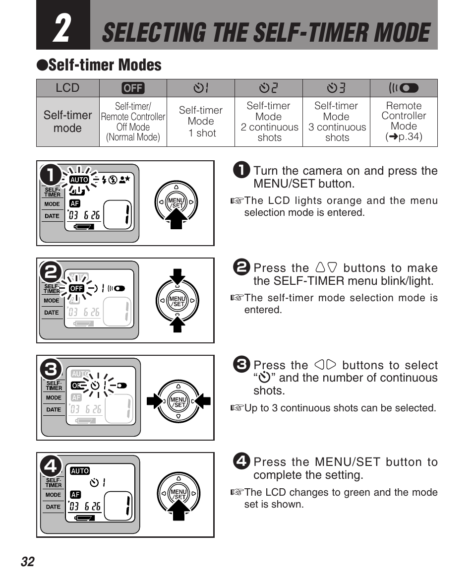 Selecting the self-timer mode, Self-timer modes | FujiFilm Zoom Date 160ez User Manual | Page 34 / 51