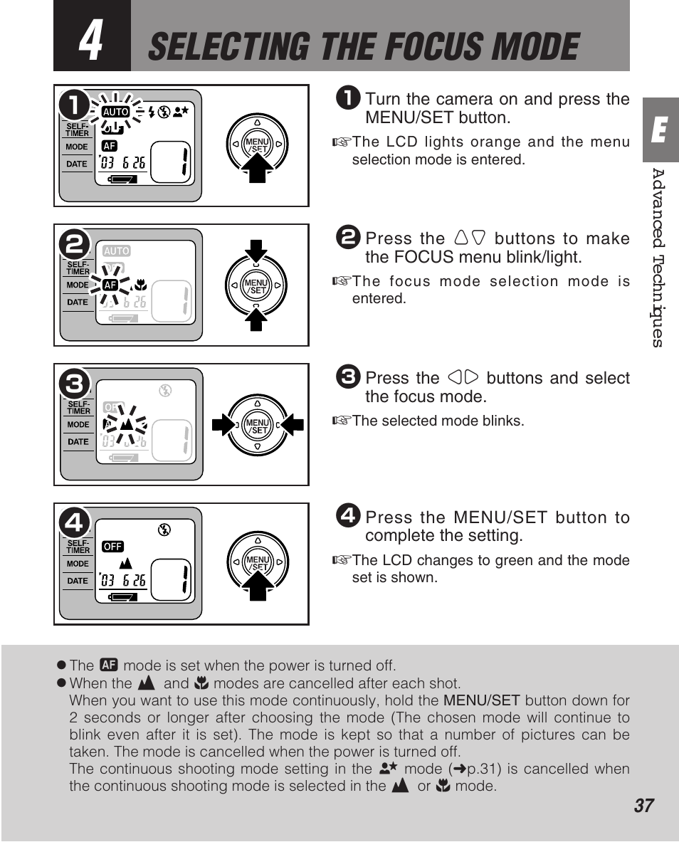 Selecting the focus mode | FujiFilm Zoom Date 160ez User Manual | Page 39 / 51