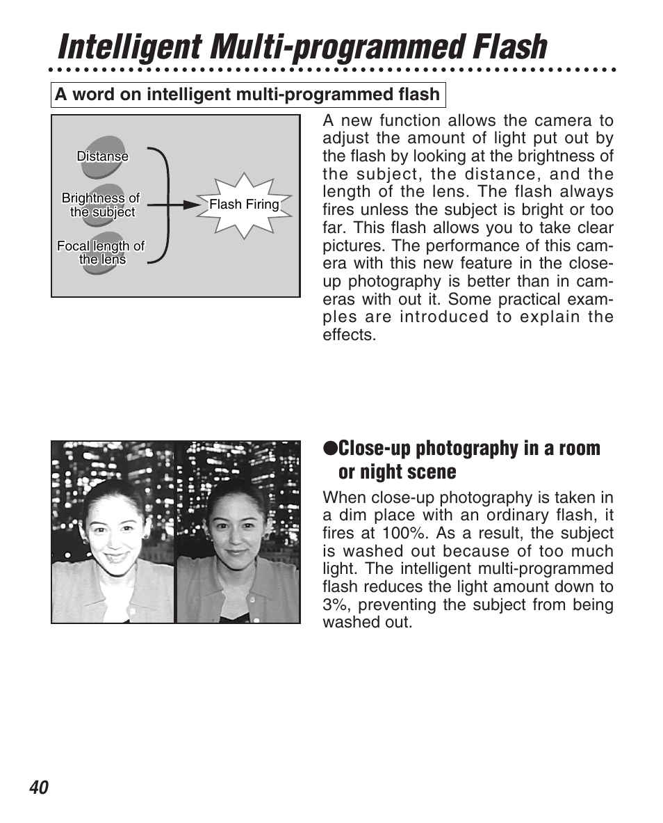 Intelligent multi-programmed flash, Close-up photography in a room or night scene | FujiFilm Zoom Date 160ez User Manual | Page 42 / 51