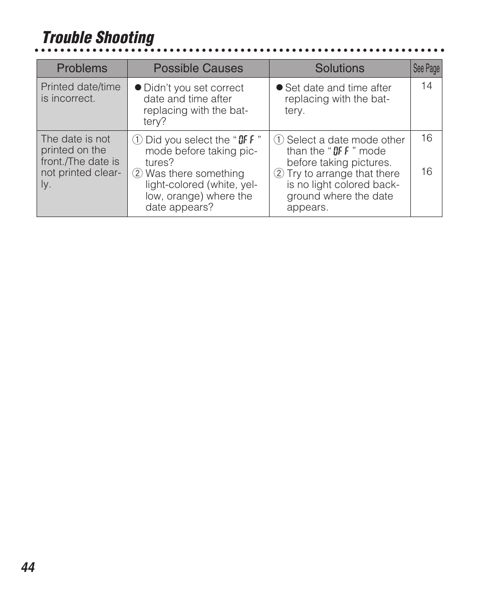 Trouble shooting | FujiFilm Zoom Date 160ez User Manual | Page 46 / 51