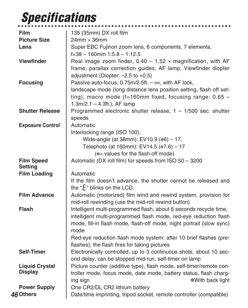 Specifications | FujiFilm Zoom Date 160ez User Manual | Page 48 / 51