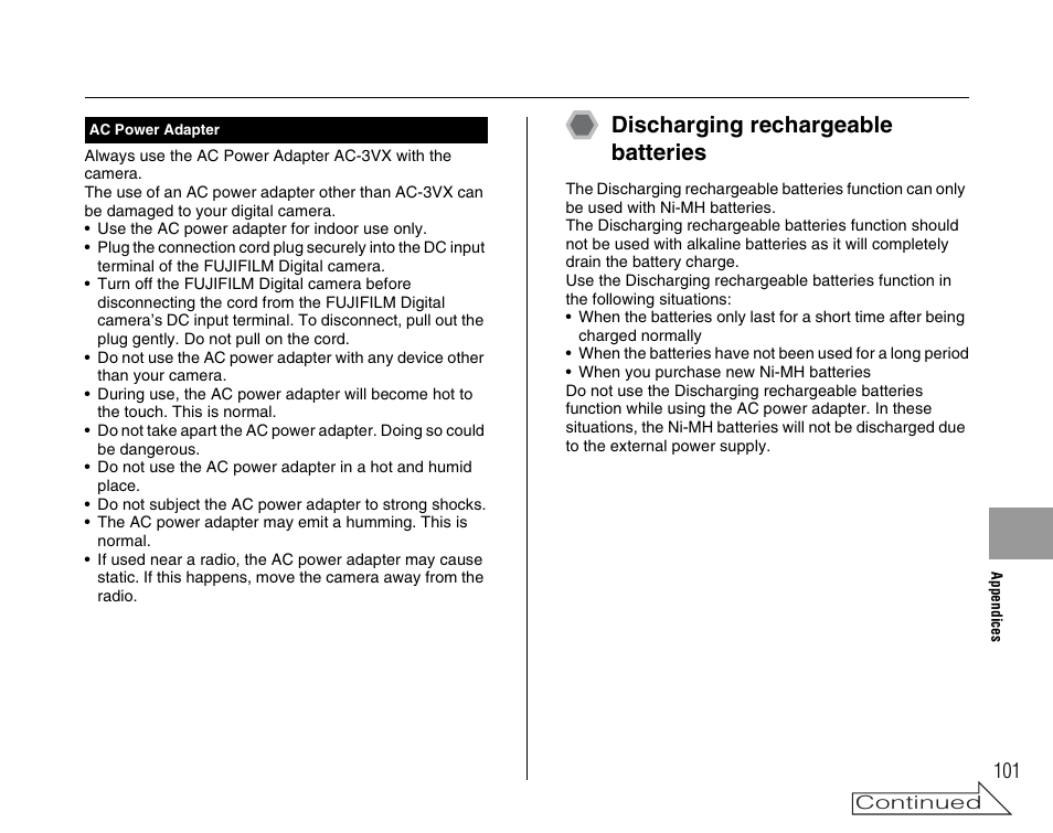 Discharging rechargeable batteries | FujiFilm FinePix A400 User Manual | Page 101 / 132