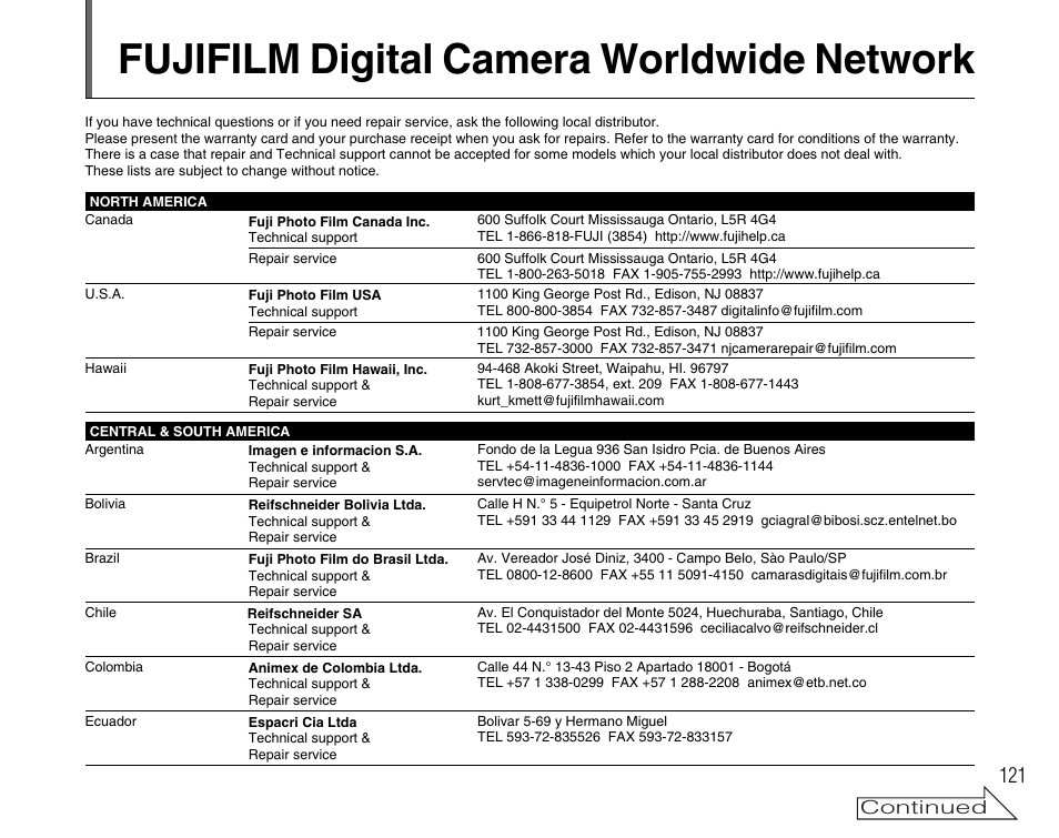 Fujifilm digital camera worldwide network | FujiFilm FinePix A400 User Manual | Page 121 / 132