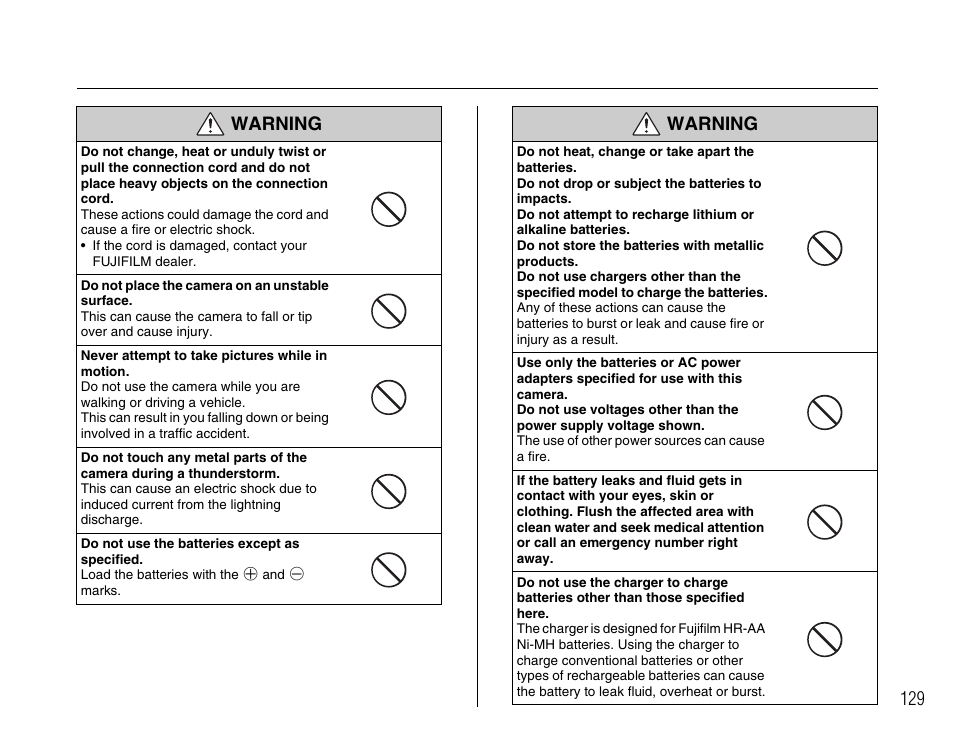 Warning | FujiFilm FinePix A400 User Manual | Page 129 / 132