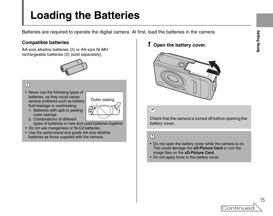 Loading the batteries | FujiFilm FinePix A400 User Manual | Page 15 / 132