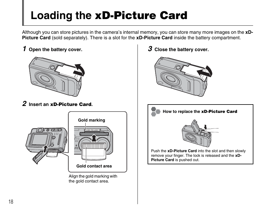 Loading the xd-picture card | FujiFilm FinePix A400 User Manual | Page 18 / 132