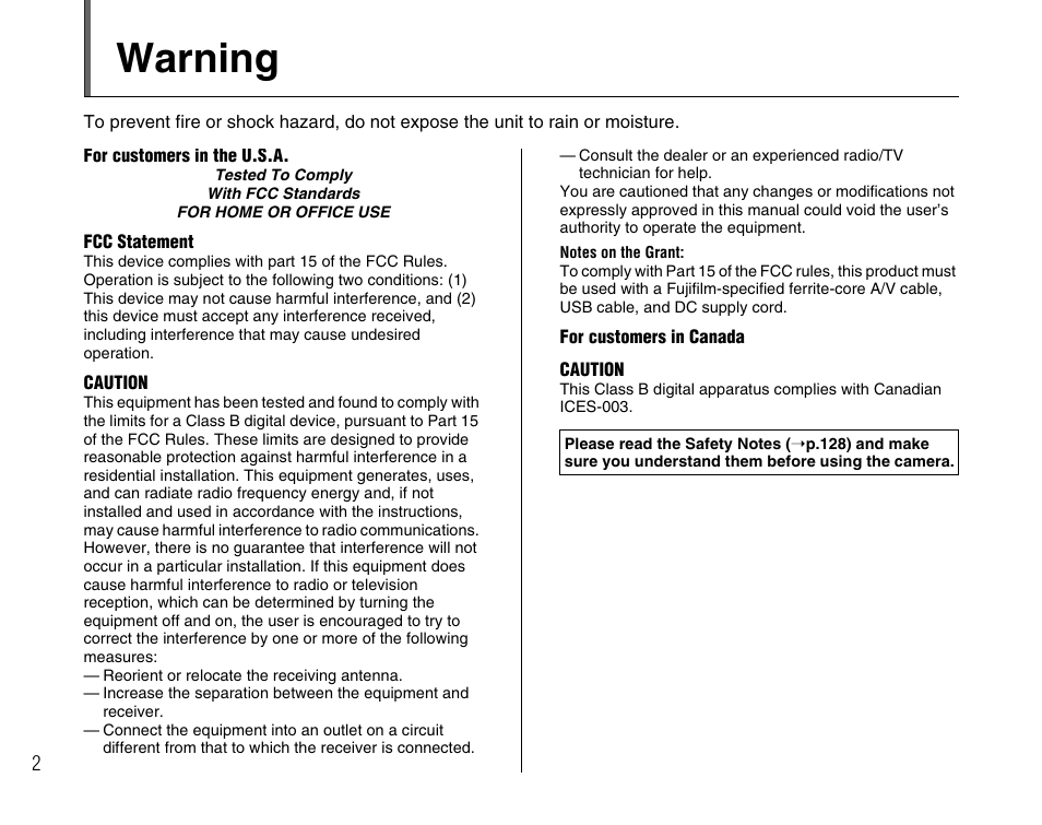 Warning | FujiFilm FinePix A400 User Manual | Page 2 / 132