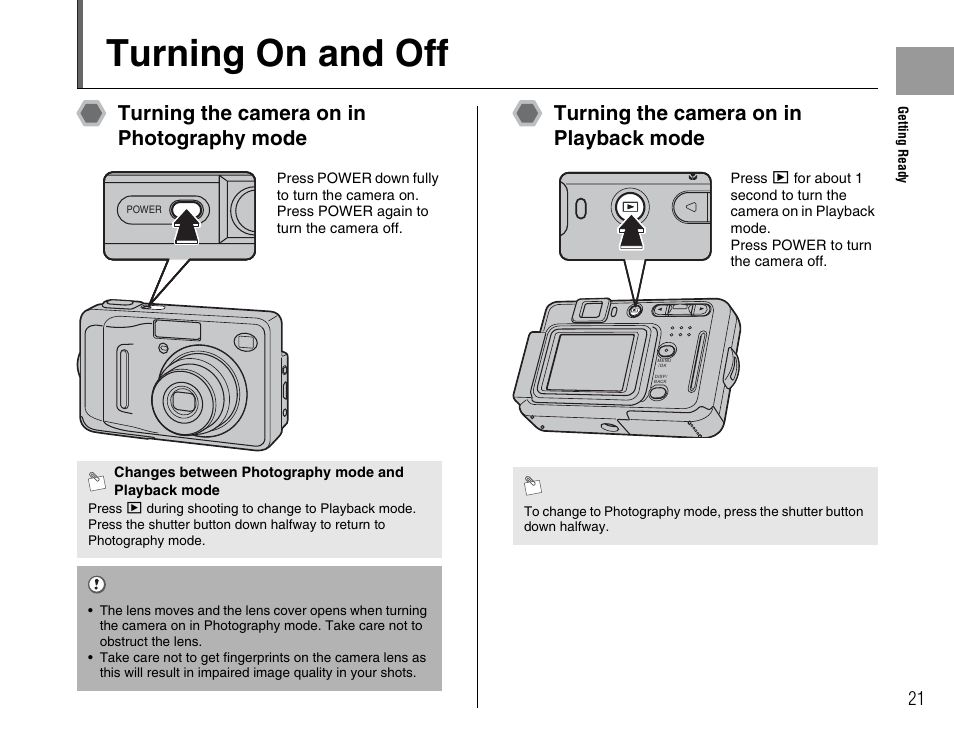 Turning on and off | FujiFilm FinePix A400 User Manual | Page 21 / 132