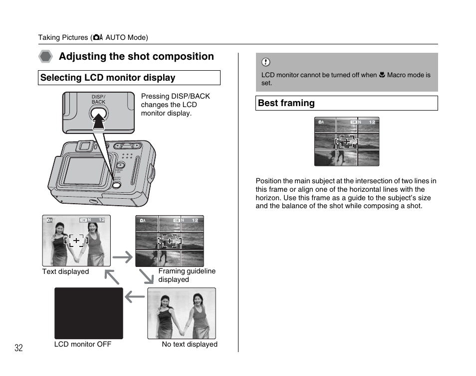 Adjusting the shot composition, Selecting lcd monitor display, Best framing | FujiFilm FinePix A400 User Manual | Page 32 / 132