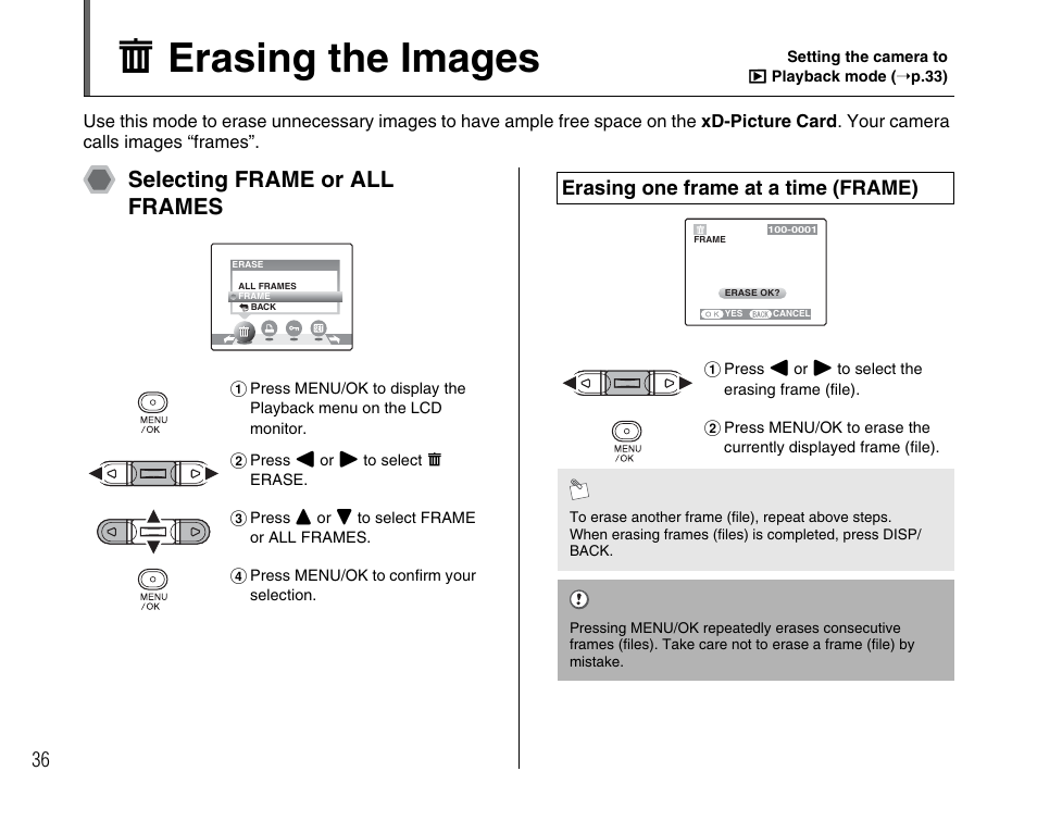 O erasing the images, Selecting frame or all frames, Erasing one frame at a time (frame) | FujiFilm FinePix A400 User Manual | Page 36 / 132