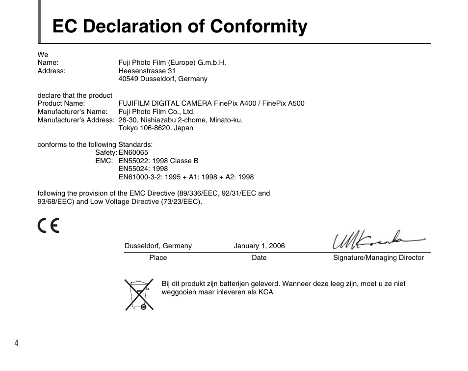 Ec declaration of conformity | FujiFilm FinePix A400 User Manual | Page 4 / 132