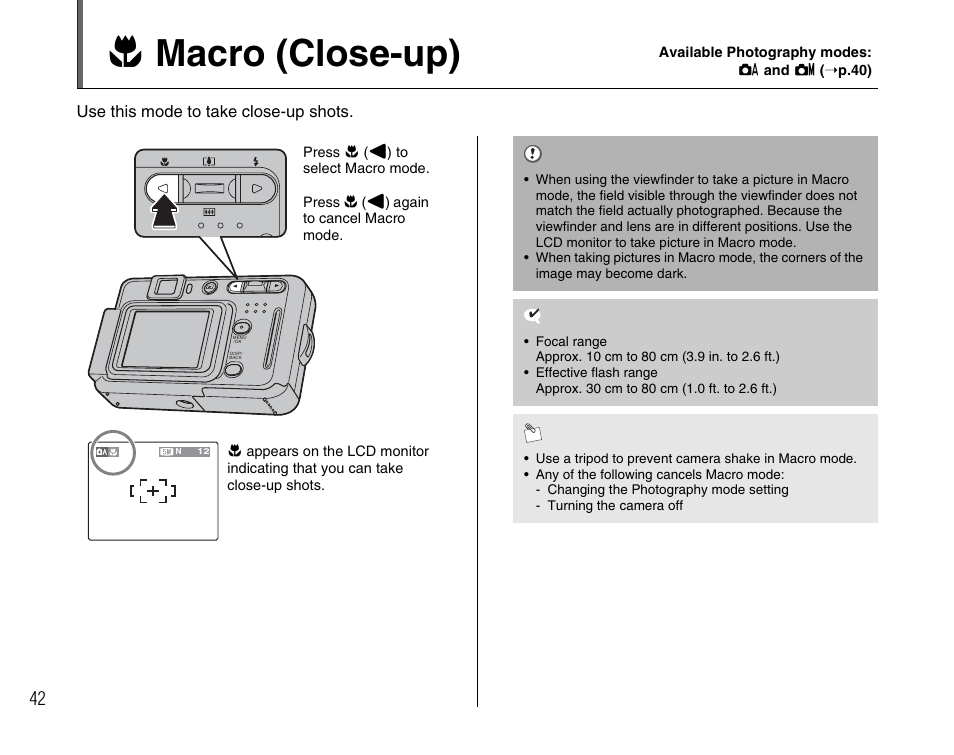 E macro (close-up) | FujiFilm FinePix A400 User Manual | Page 42 / 132