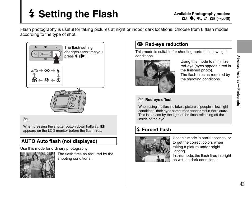 D setting the flash, Auto auto flash (not displayed), B red-eye reduction | D forced flash | FujiFilm FinePix A400 User Manual | Page 43 / 132