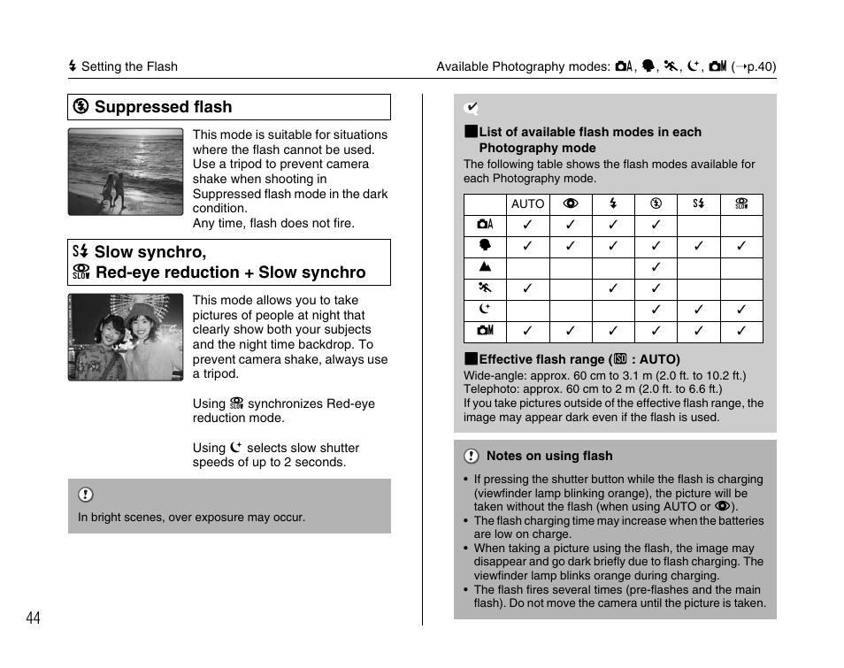 C suppressed flash, C slow synchro, n red-eye reduction + slow synchro | FujiFilm FinePix A400 User Manual | Page 44 / 132