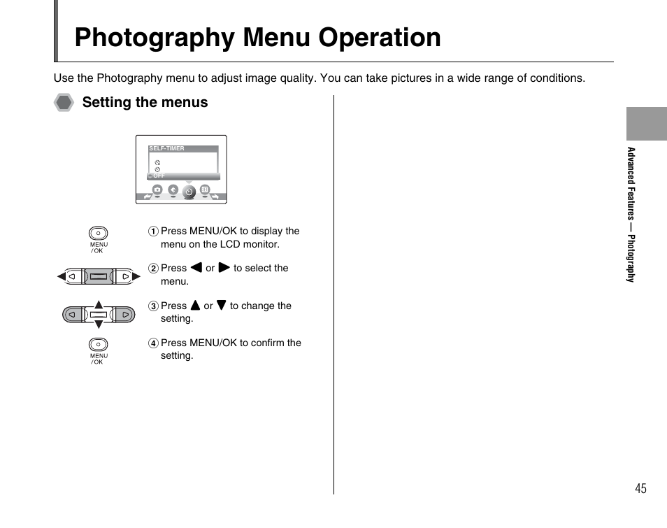 Photography menu operation, Setting the menus | FujiFilm FinePix A400 User Manual | Page 45 / 132