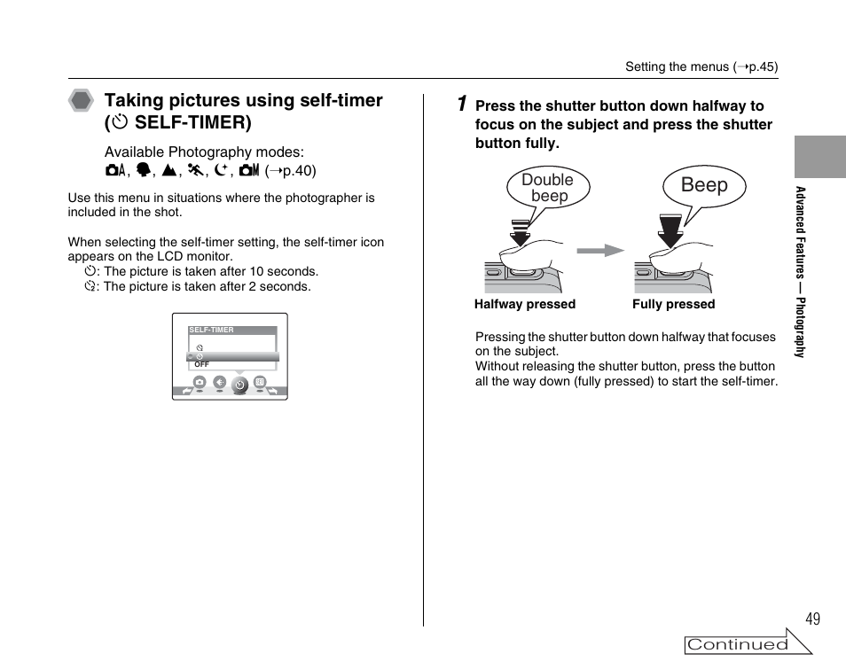 Beep, Taking pictures using self-timer ( * self-timer) | FujiFilm FinePix A400 User Manual | Page 49 / 132